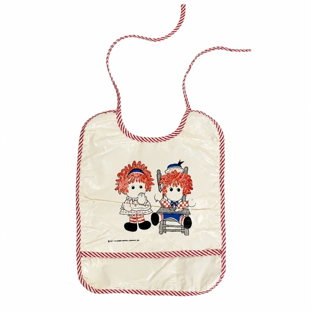 Vintage 1977 OS Raggedy Ann Andy Bib Vinyl Terry Pocket Cream Red Bobbs-Merrill